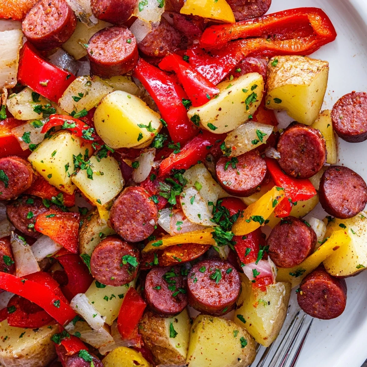 Köstlicher Sausage and Potato Skillet, ideal für ein schnelles Abendessen unter der Woche