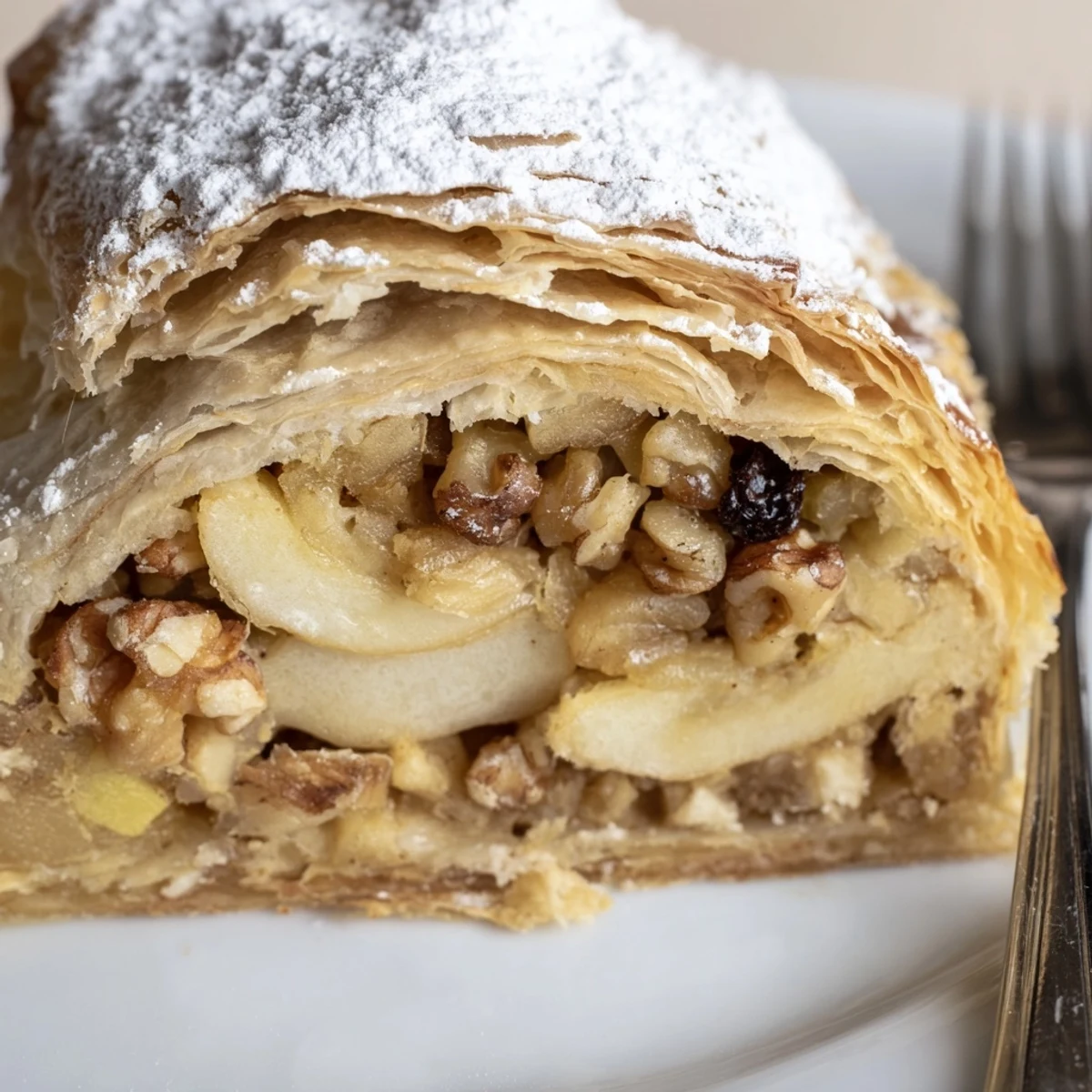 Klassischer deutscher Apfelstrudel mit flaumigem Teig, gefüllt mit süßen, gewürzten Äpfeln.