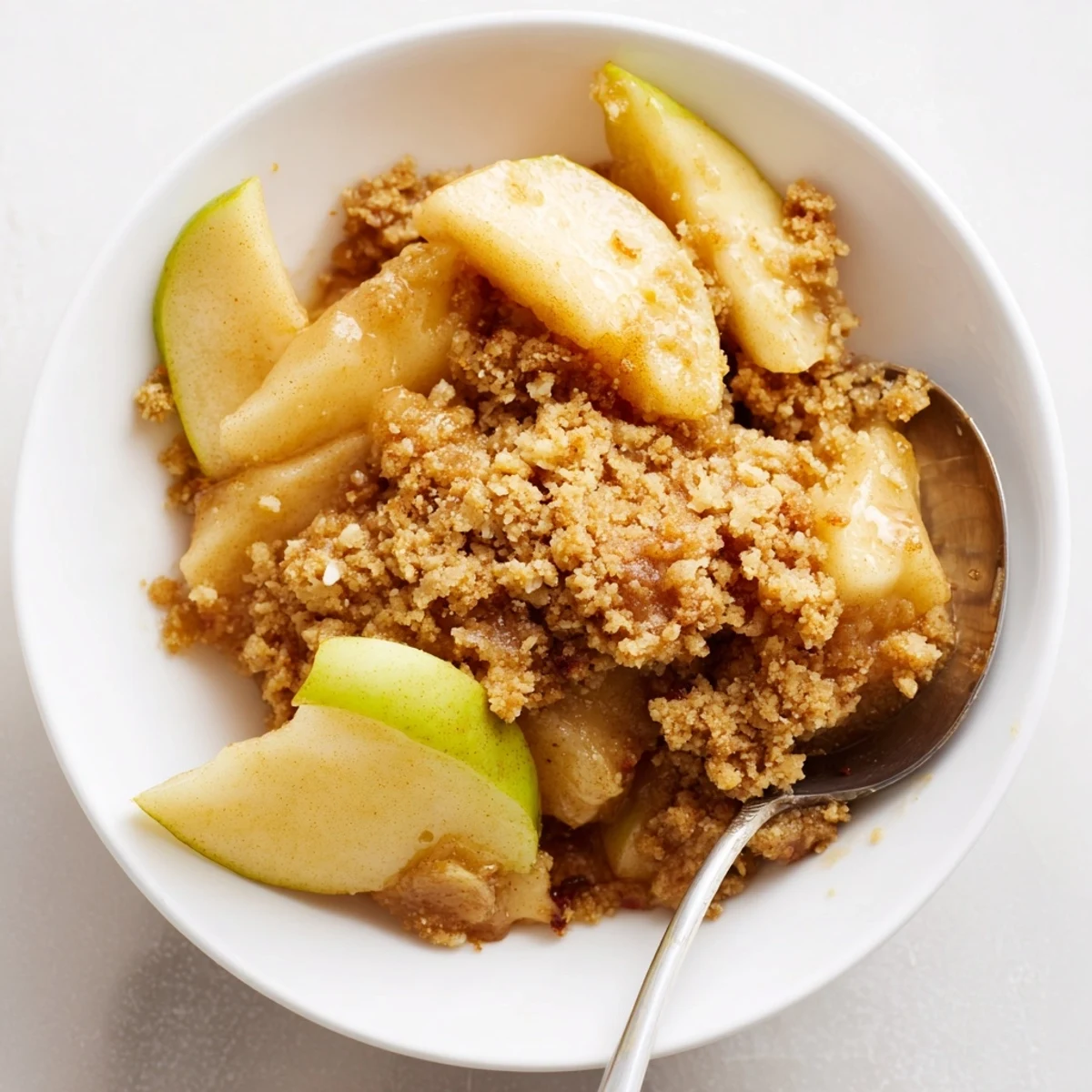 Apfel-Zimt-Crumble mit warmen, gewürzten Äpfeln und knusprigem Topping serviert.  