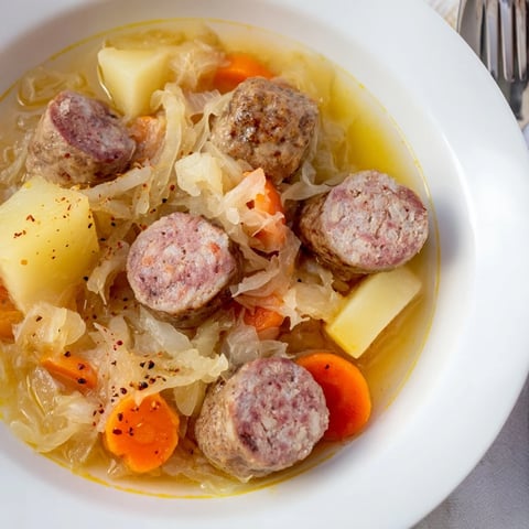 Eine herzhafte Portion One-Pot Sauerkraut und Würstchen, köstlich mit saftigem Fleisch.